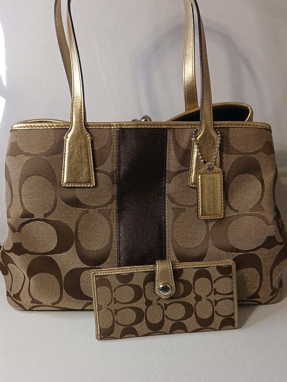 Coach Brown and Gold Signature Canvas Tote with Matching Wallet